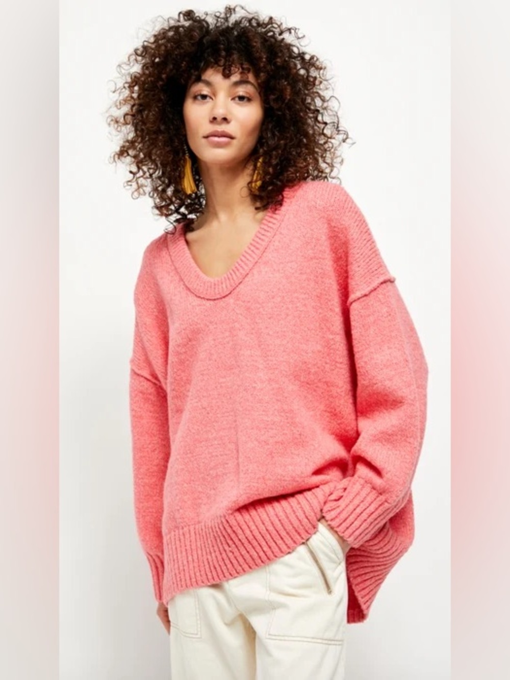 Free People Brookside Oversized Coral Pink Knit Tunic Sweater
